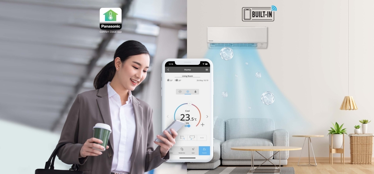 Wi-Fi tích hợp và Ứng dụng Panasonic Comfort Cloud cho phép điều khiển nhiều máy điều hòa không khí từ bất cứ nơi đâu, ngay tại nhà hay từ xa. Truy cập tất cả các tính năng của điều hòa không khí từ xa, theo dõi và giám sát việc sử dụng các máy điều hòa không khí bằng cách sử dụng chức năng thống kê năng lượng toàn diện và xác định sự cố bằng thông báo lỗi để khắc phục sự cố dễ dàng, tất cả chỉ từ một thiết bị di động.