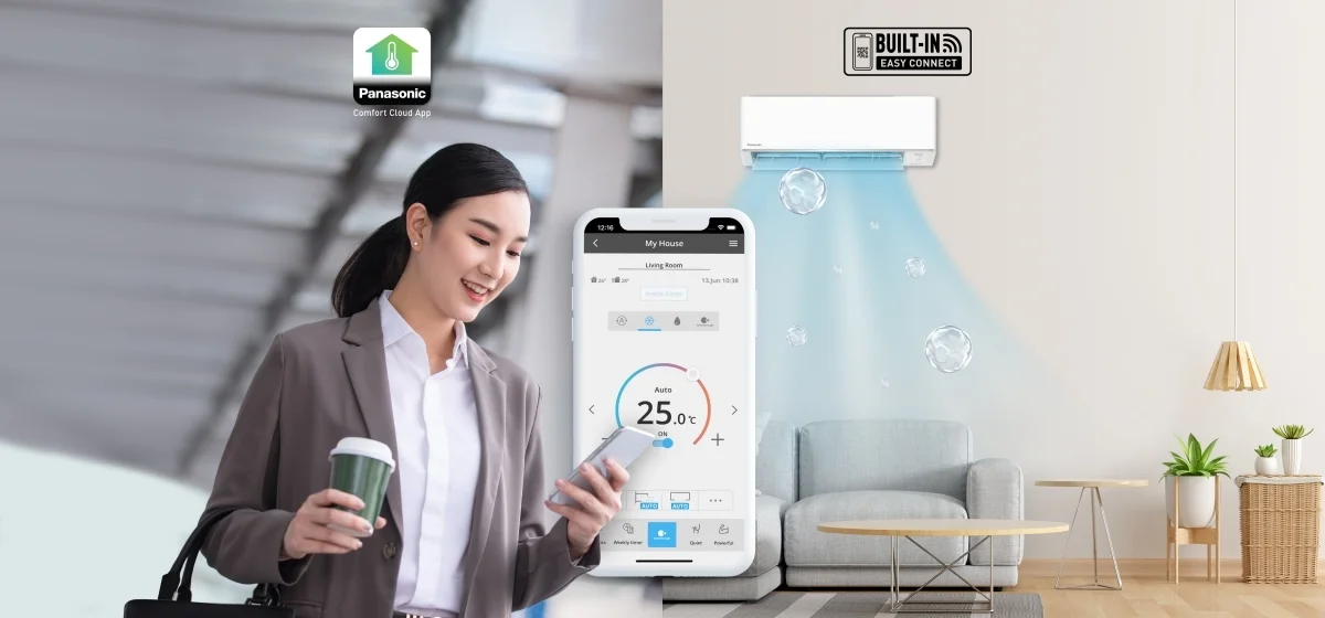 Chức năng kết nối Wi-Fi được tích hợp sẵn và Ứng dụng Panasonic Comfort Cloud cho phép kết nối và điều khiển nhiều máy điều hòa không khí từ bất cứ nơi đâu, ngay tại nhà hay từ xa.